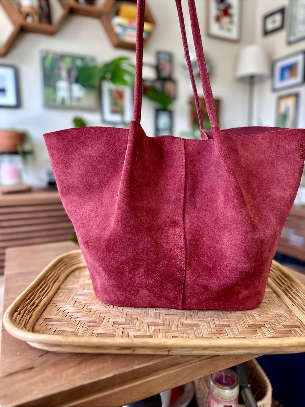 Portland Leather Goods Merlot Berry Suede Slouchy Shoulder Tote Bag - Picture 2 of 7